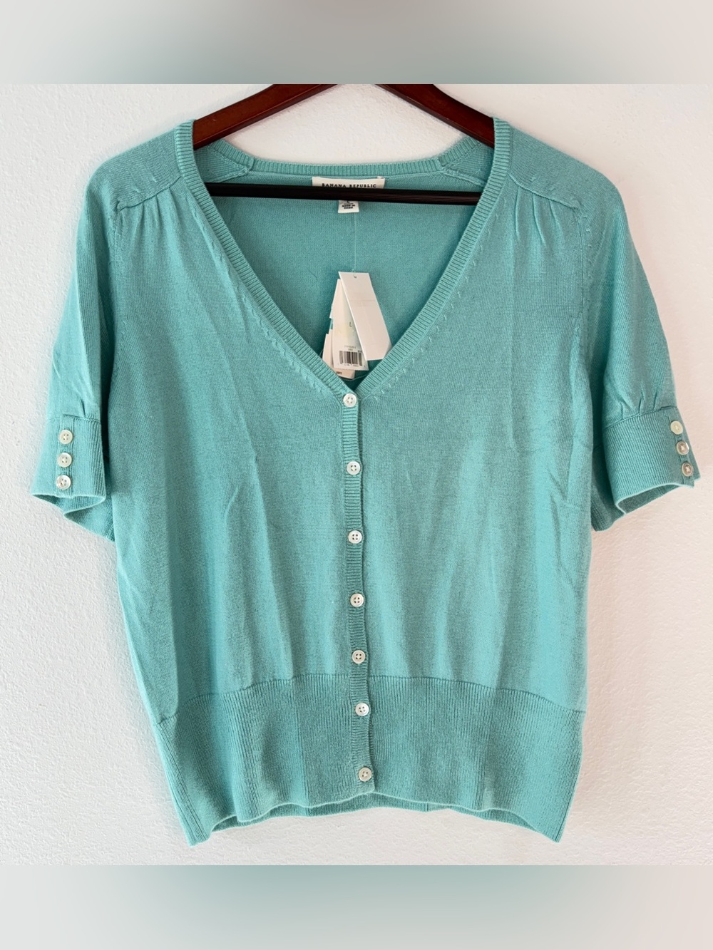 Y2K Deadstock Banana Republic Aqua Teal Silk Cashmere Knit Cardigan Short Sleeve
